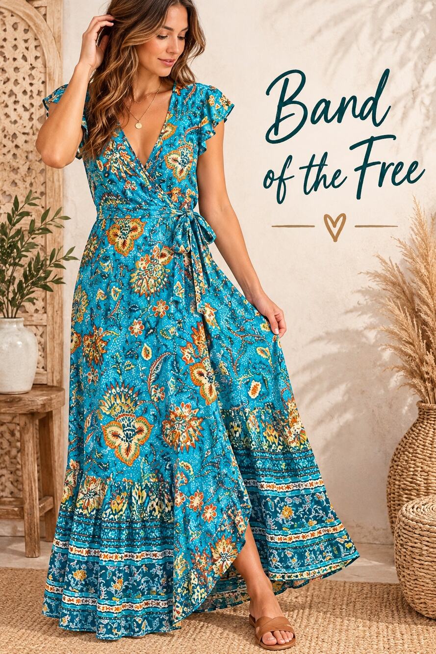 Band of the Free Turquoise Floral Boho Wrap Maxi Dress Size Small